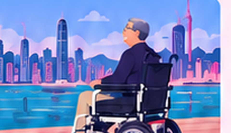 使用電動輪椅的男士在香港海旁欣賞景色